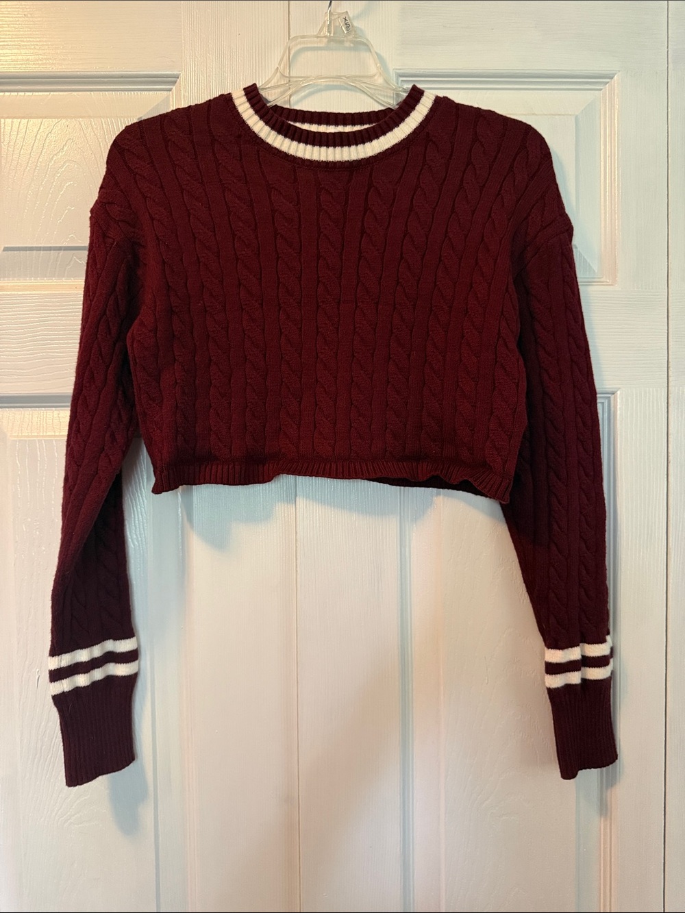 Altar'd State Wine Cable-Knit Cropped Sweater with White Stripes